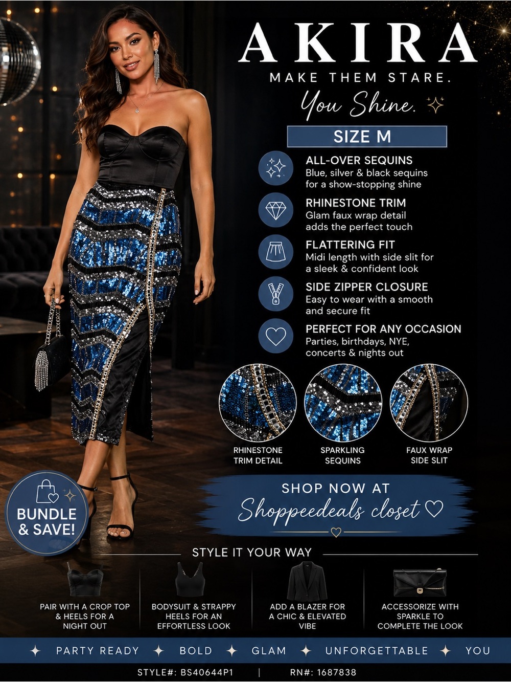 AKIRA Blue & Silver Sequin Wrap Midi Skirt | Size Medium | Party Glam Statement